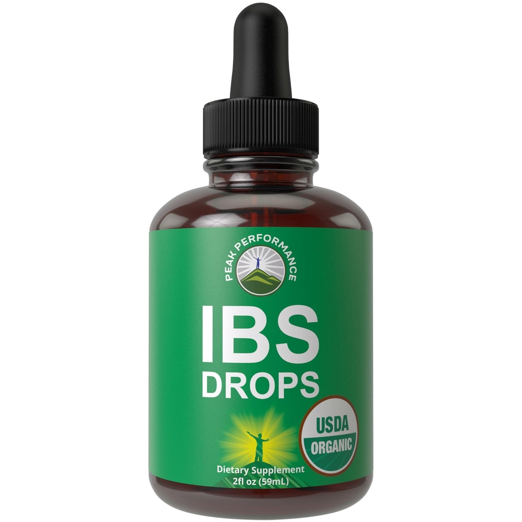 USDA Bio IBS Relief 5-en-1 gouttes liquides. pour l'ingestion, le gonflement, le gaz. Huile de menthe poivrée, graines de fenouil, fleur de camomille, romarin, saint basilic