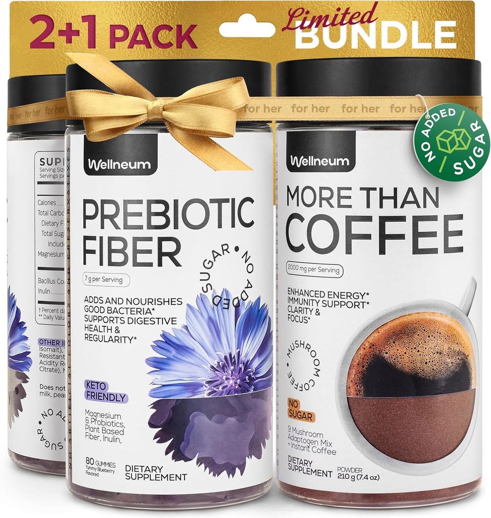 Paddestoel Koffie en hoge prebiotische vezel Gummies bundel - 9 Paddestoel Adaptogen Mix, Dieetvezel 7G, Probiotica - Instant Mushroom Koffie en Vezel Kauwen voor Immuniteit, Gut Health - voor mannen en vrouwen