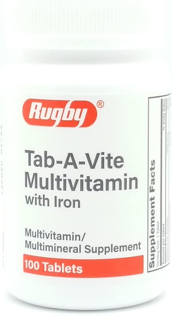 Rugby Laboratories Tab-A-Vite Multivitamine met ijzer Multiminerale Supplement Vitamine A, C, D Thiamine Riboflavine Niacin Folaat Pantothenic Acid 100 tabletten (verpakking van 1)
