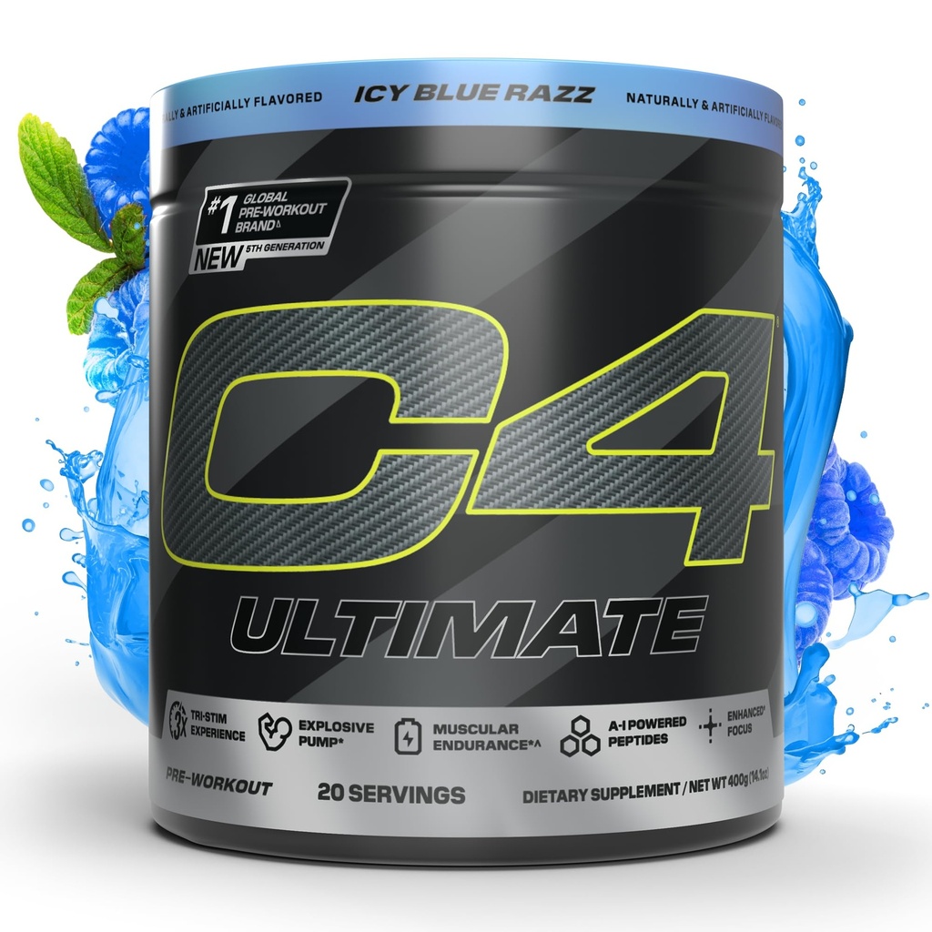 Cellucor C4 Ultimate Pre Workout Powder - Sugar Free Preworkout Energy Supplement for Men & Women - 300mg Cafeïne + TeaCrine + Dynamine + Create - ICY Blue Razz, 20 Servers