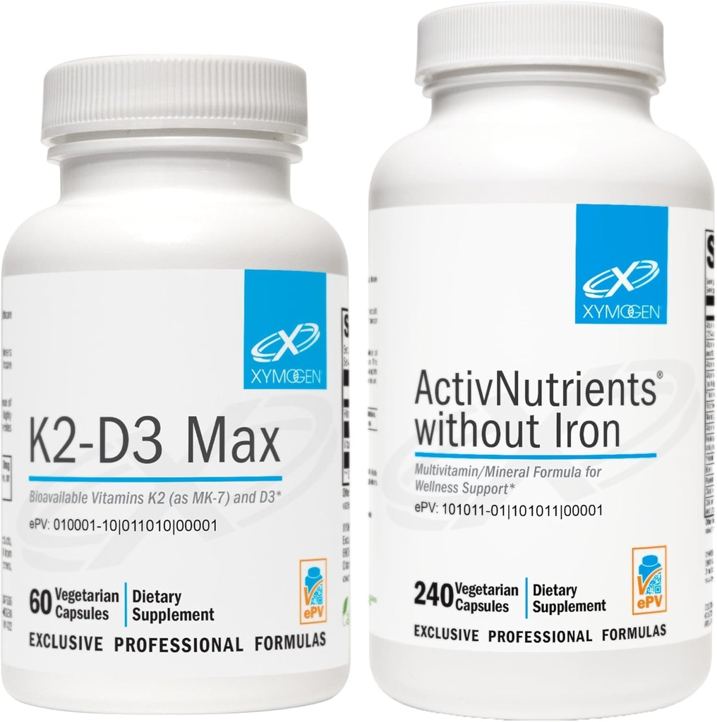 XYMOGEN ActivNutrients Without Iron (240 Capsules) + K2-D3 Max (60 Capsules) - Multivitamine for Energy and Mood Support with Vitamin D 5000 IE Capsules + Vitamine K2
