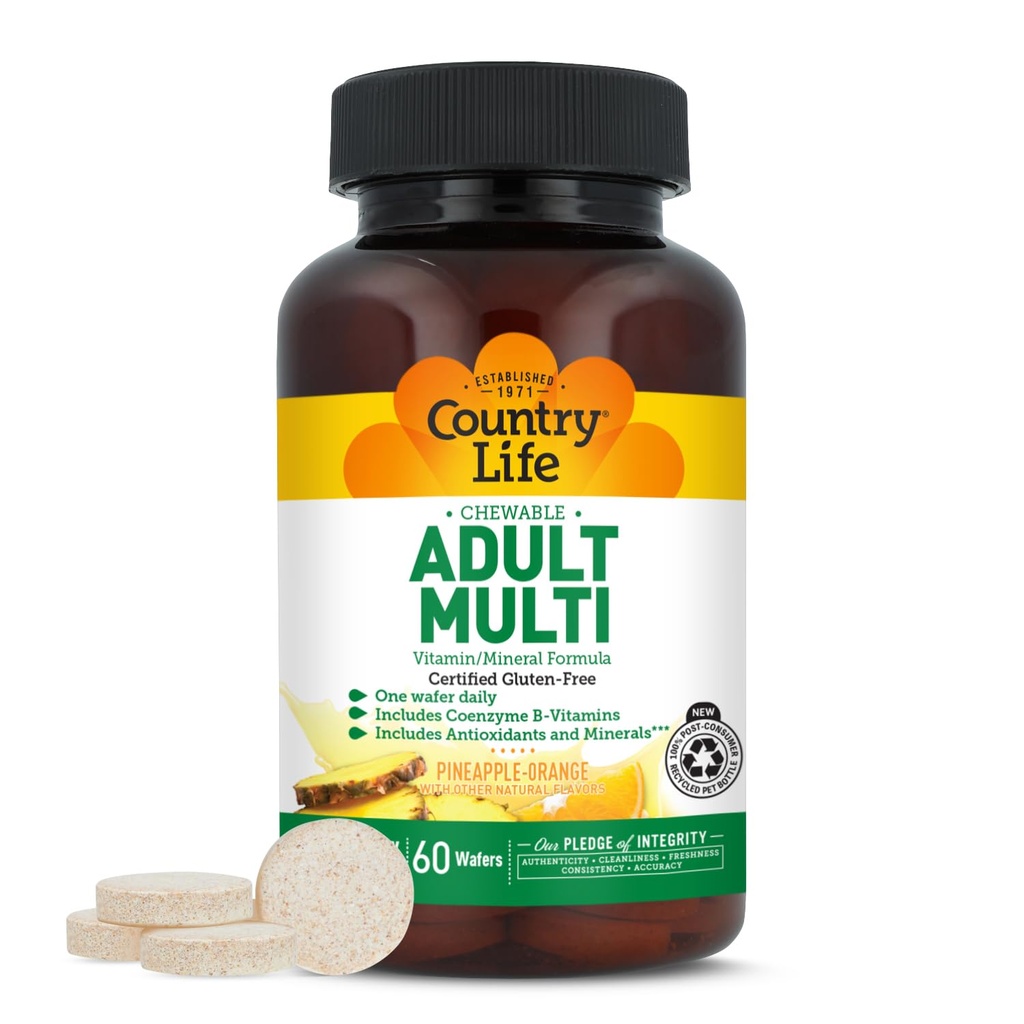 Country Life Adult Kauwbare Multivitamine met Co-enzym B-vitaminen, Antioxidanten, Mineralen, Ananas-Orange smaak - Ondersteunt Energie Metabolisme en Immune Gezondheid, Glutenvrij - 60 Wafers