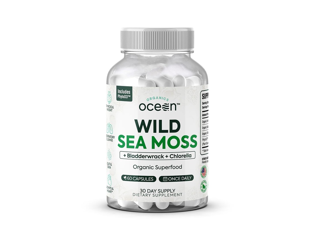 Organics Ocean Wild Sea Moss Capsules - 100% Organic Irish Sea Moss with Organic Chlorella, Bladderwrack and Vitamin D for Energy, Long Health and Thyroid Support for Women and Men - 60 Capsules