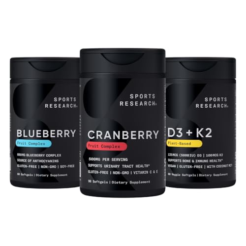 Sports Research® Cranberry Fruit Complex Supplement with Pacran & Vitamins C & E, Whole Fruit Blueberry Concentrate Made from Organic Blueberries and Plant Based Vitamin D3 + K2 with Coconut Oil