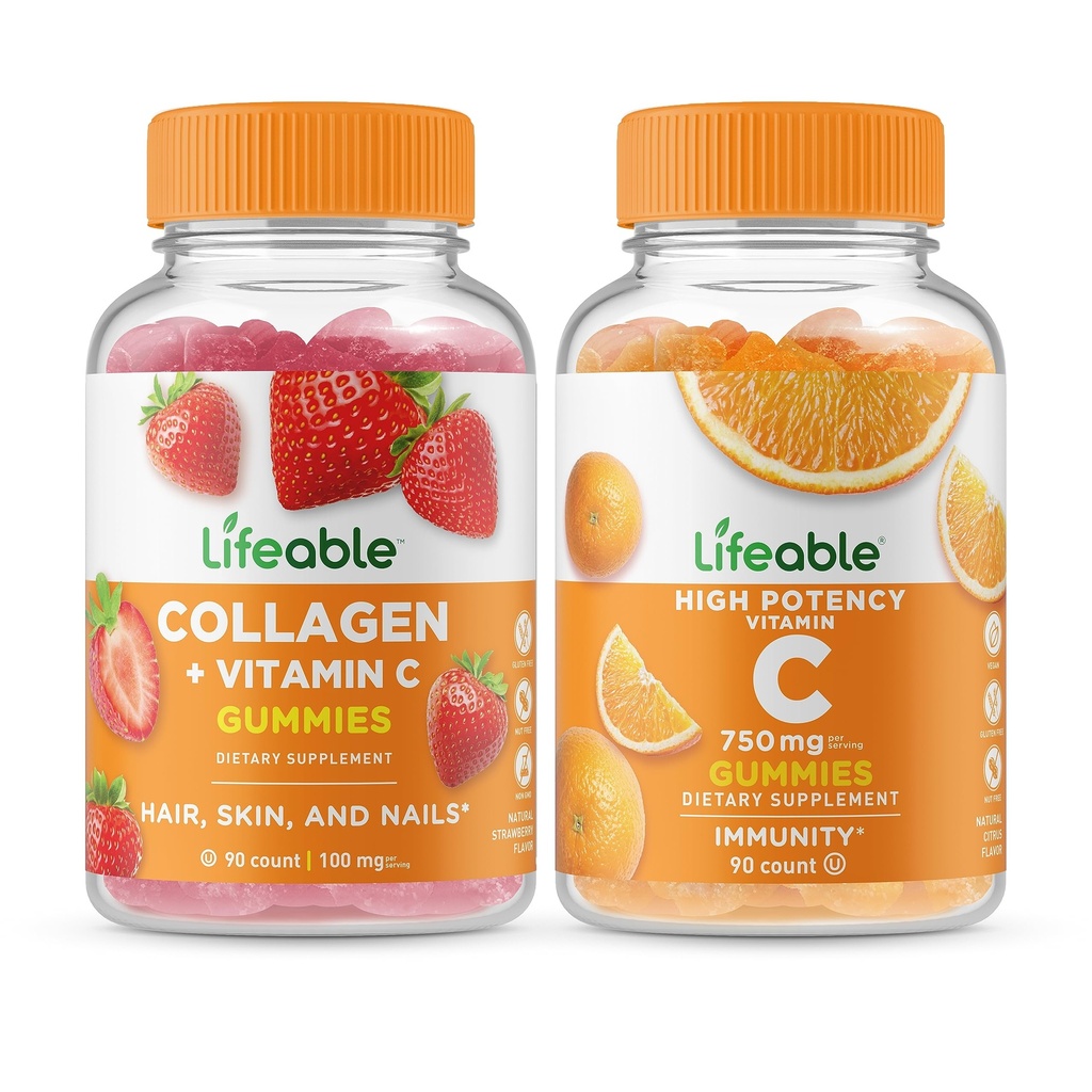 Levensvatbare Collageen & Vitamine C + Vitamine C 750mg, Gummies Bundle - Grote Proeverij, Vitamine Supplement, Glutenvrij, GGO-vrij, Kauwgom