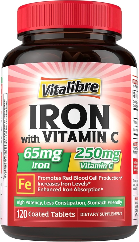 IJzersupplement 65 mg met vitamine C, maag vriendelijk Carbonyl ijzer, hoge potentie en absorptie, voor gezonde ijzer- en energieniveaus, ondersteunt rode bloedcelproductie, 120 tabletten