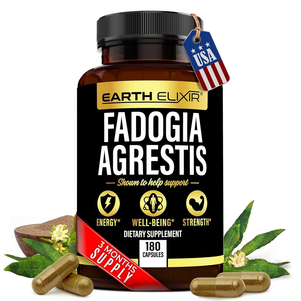 Earth Elixir Fadogia Agrestis Supplement 900mg (180 Capsules) - Made in USA - 3 maand supply - 3rd Party Tested - Fadogia Agrestis Extract -Max Purity 