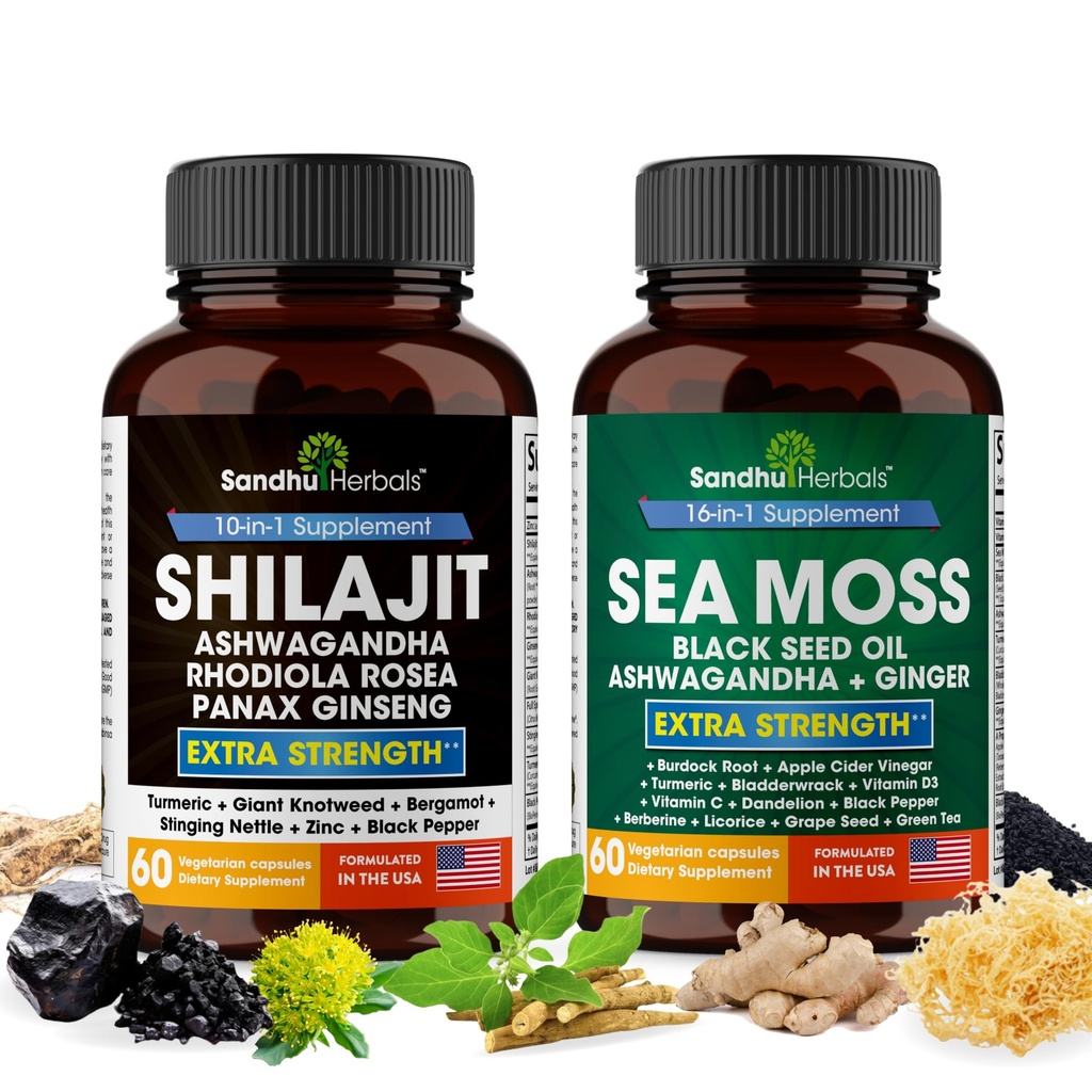 Shilajit Sea Moss Ashwagandha Combo Bundle - Black Seed Oil, Kurkuma, Rhodiola Rosea, Panax, Ginseng Supplement 