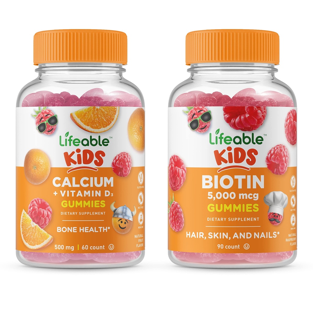Lifeable Biotin Kids + Calcium met vitamine D Kids, Gummies Bundle - Grote Proeverij, Vitamine Supplement, Glutenvrij, GGO-vrij, Kauwbare Gummy