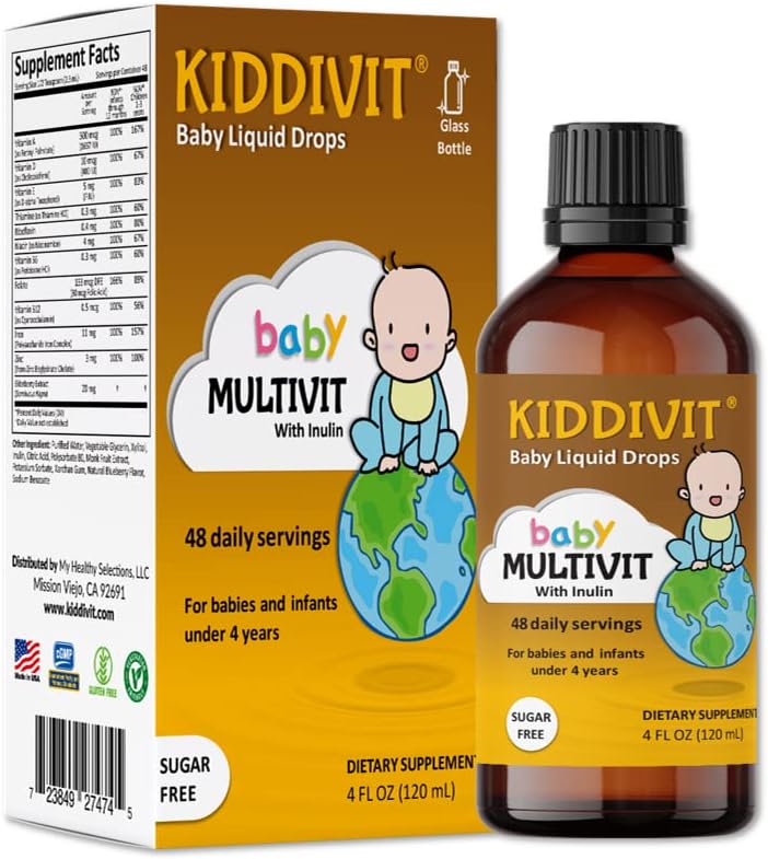 Kiddivit Baby Multivitamine vloeibare druppels met Inuline - 48 dagelijkse porties, 4 Fl Oz (120ml) - Glasfles - Suikervrij, Glutenvrij, Vegetarisch Vriendelijk