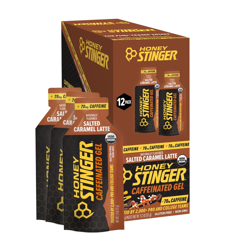 Honey Stinger Biologische Salted Caramel Energy Gel, Caffeinated & Gluten Free, voor oefening, hardlopen en prestaties, Sport Voeding voor thuis & Gym, Pre en Mid workout, 12 Pack, 13,2 Ounce