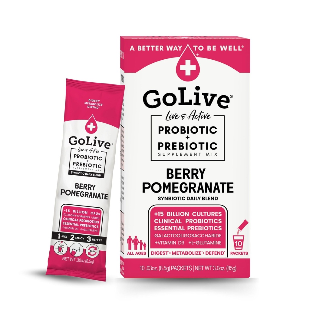 GoLive Prébiotique et Probiotique pour les femmes, les hommes, les enfants. Poudre synbiotique de grenade à baies avec L-glutamine, vitamine D3, électrolytes. Pour Gut Health, Digestion, Métabolisme, Immunité 15-50B UFC.
