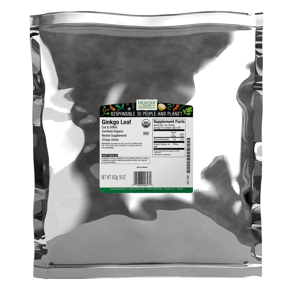 Frontier Co-op Organic Ginkgo Leaf, 1lb Bulk Bag, Cut and Sifted | Dried Ginkgo Biloba Leaf | Ideal for Tea and Herbal Uses, Kosher