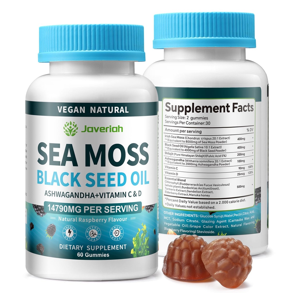 Gommies Vegan Ashwagandha de mousse de mer - Huile de graines noires, vitamine C et D pour le soutien immunitaire, digestif, antioxydant 13 en 1 ensemble, mousse de mer Chlorophylle Formule de force avancée 2Pack 120 Gommies