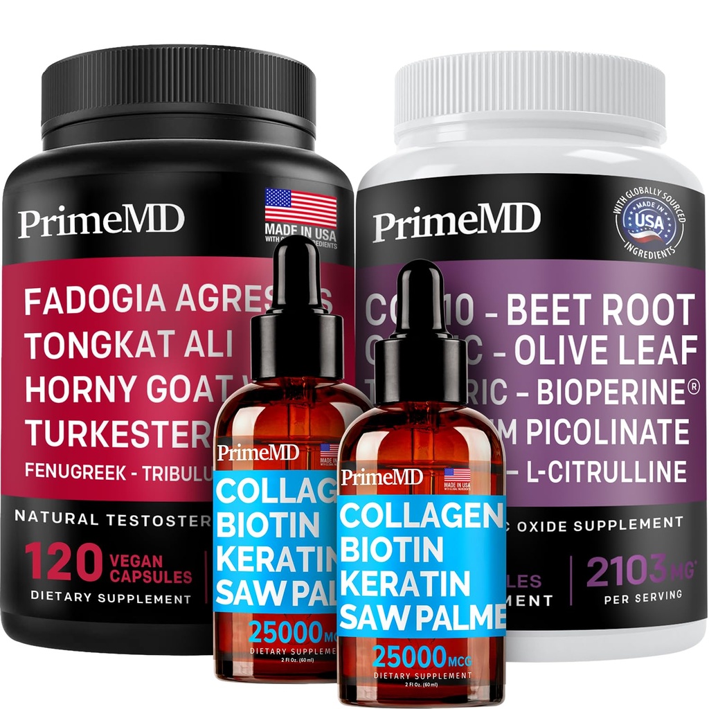 Liquid Collageen Biotin (2pk), Fadogia Tongkat Ali (1pk), en Nitric Oxide (1pk) Supplement Bundle - Krachtige vitamines voor haar, huid, nagels, hart, energie, & Testosteron ondersteuning - Non-GMO, Vegan
