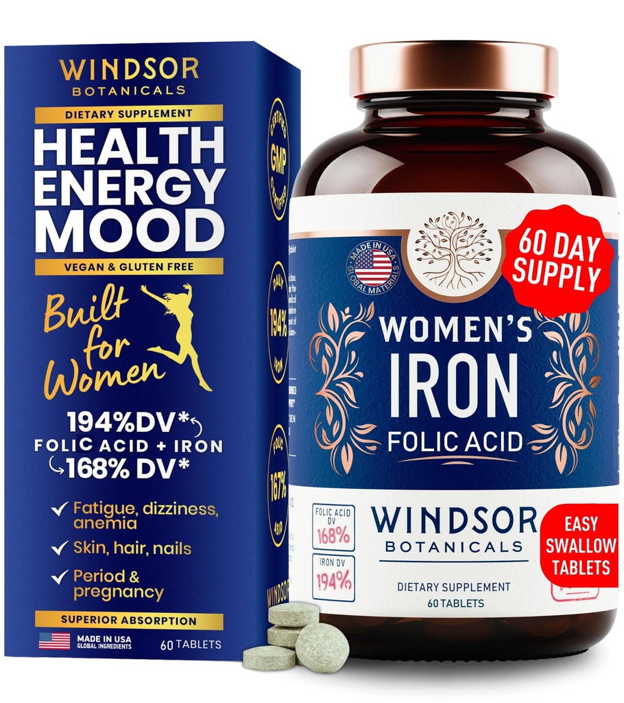 IJzer en foliumzuur supplementen voor vrouwen - 35mg zacht ijzer vitamine, foliumzuur 400mcg - bloedarmoede, periode, zwangerschap ondersteuning supplement, Ferrous Sulfaat pillen - 60 Vegan niet-constipatie tabletten