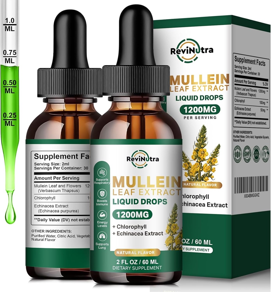 2 paquets de gouttes de Mullein pour les poumons, 1200 mg de gouttes liquides d'extrait de Mullein Feuille avec de la chlorophylle pour le nettoyage pulmonaire et la désintoxication, support pour les systèmes respiratoires, immunitaires, digestifs