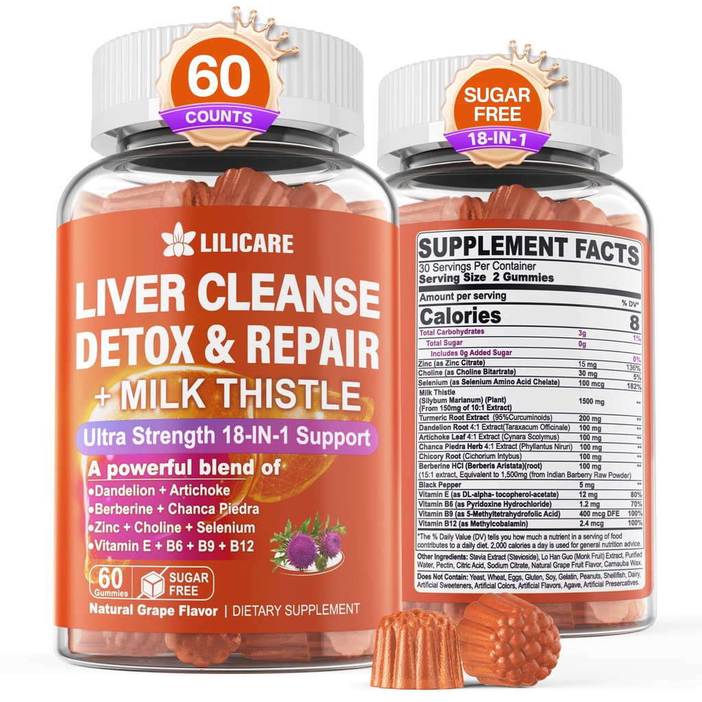 1Pack Milk Thistle Liver Detox Gummies, 18-in-1 Lever Reiniging Detox & Reparatie Supplement met Berberine, Chicory Root, Kurkuma, Artichoke, Dandelion Root, Chanca Piedra, Vitaminen B6 B12 - Suikervrij