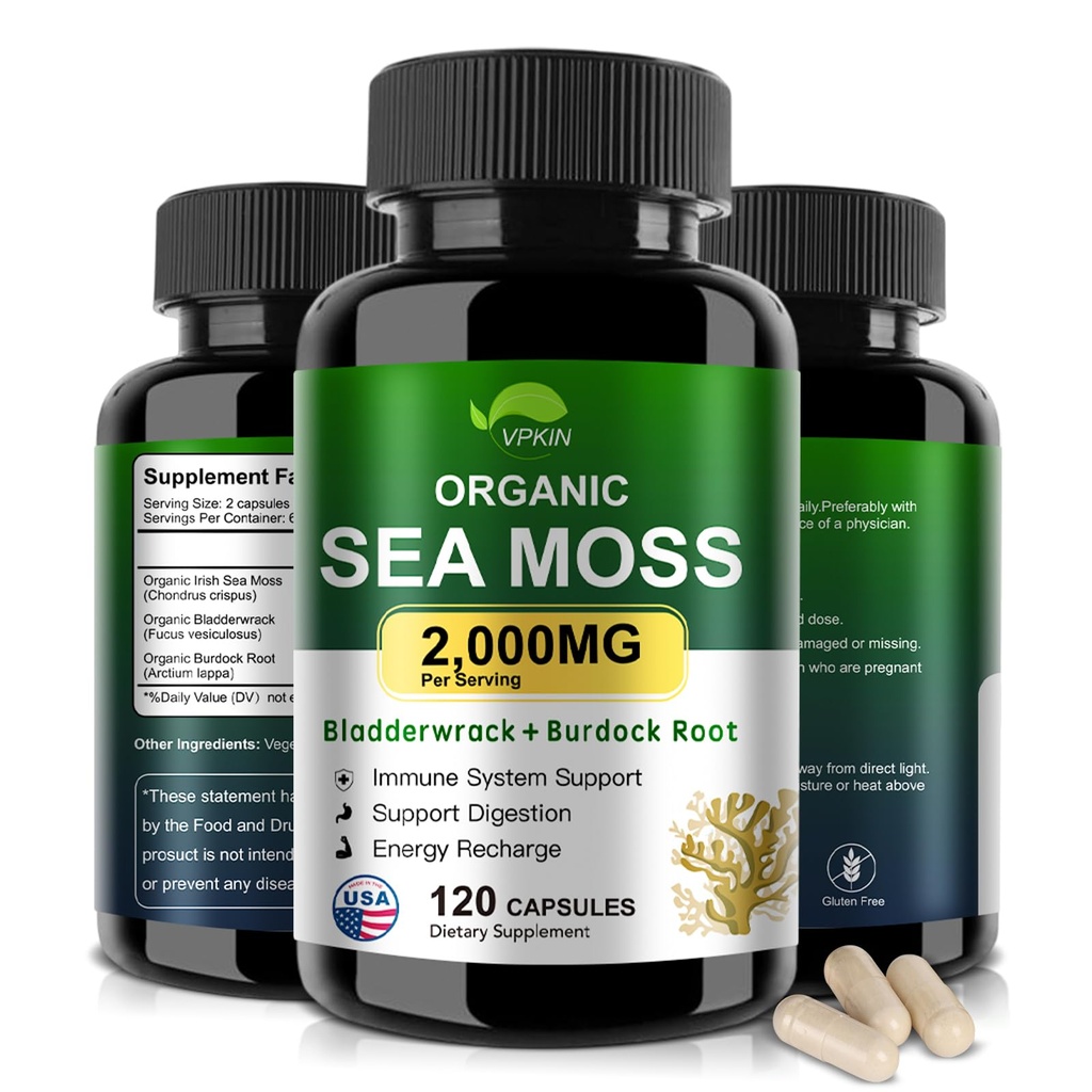 Biologische Sea Moss Capsules met Bladderwrack, Burdock Root en Black Pepper Extract-Irish SeaMoss Pillen 2000mg-Promotes Immune System,Thyroid Support(120 Capsules)