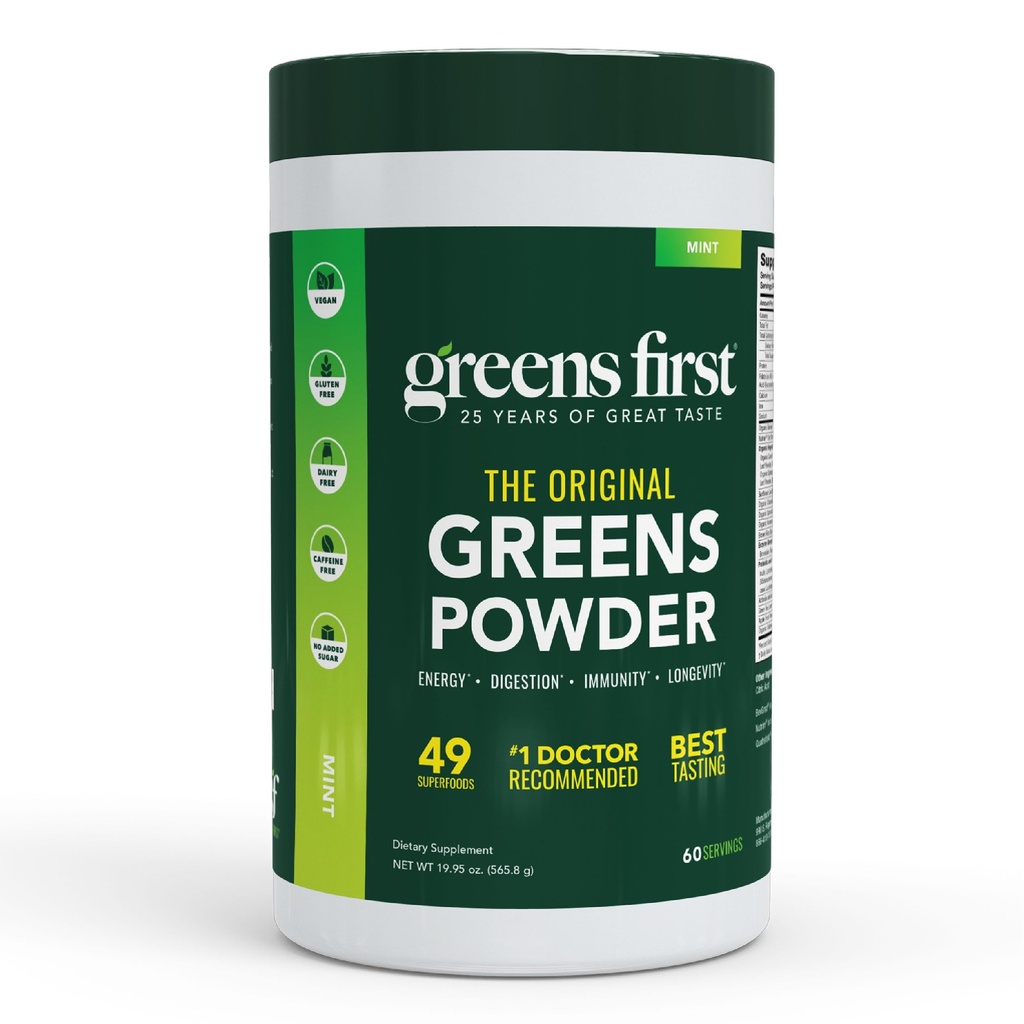 Greens First Original Greens Powder - 49 Superfoods - Fruits et légumes biologiques - Prébiotiques, probiotiques et enzymes digestives - Smoothie antioxydant - Sans lait, végétalien et non-OGM (Mint, 60 portions)