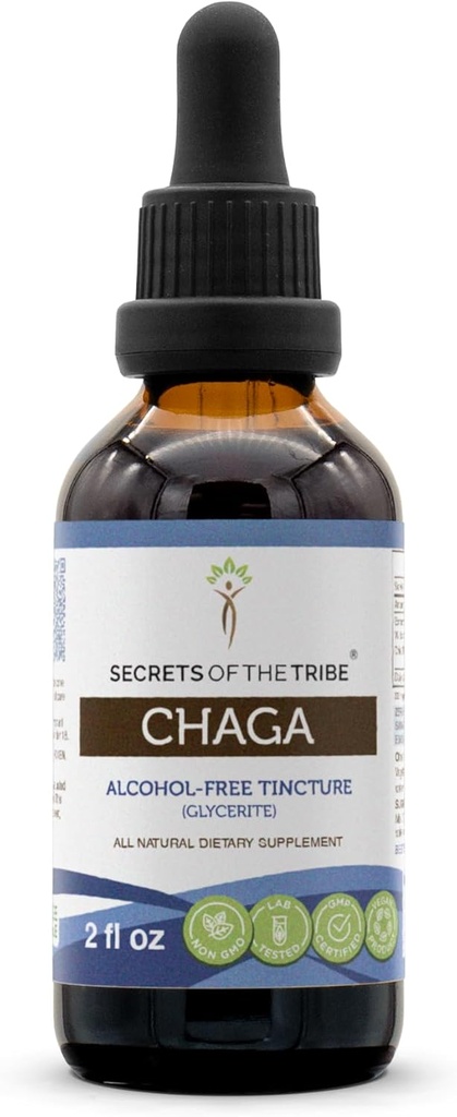 Geheimen van de stam Chaga Tinctuur Alcoholvrije Extract, High-Potency Kruidendruppels, Tinctuur Gemaakt van Wildcrafted Chaga (Inonotus obliquus) Gedroogde Paddestoel 2 oz