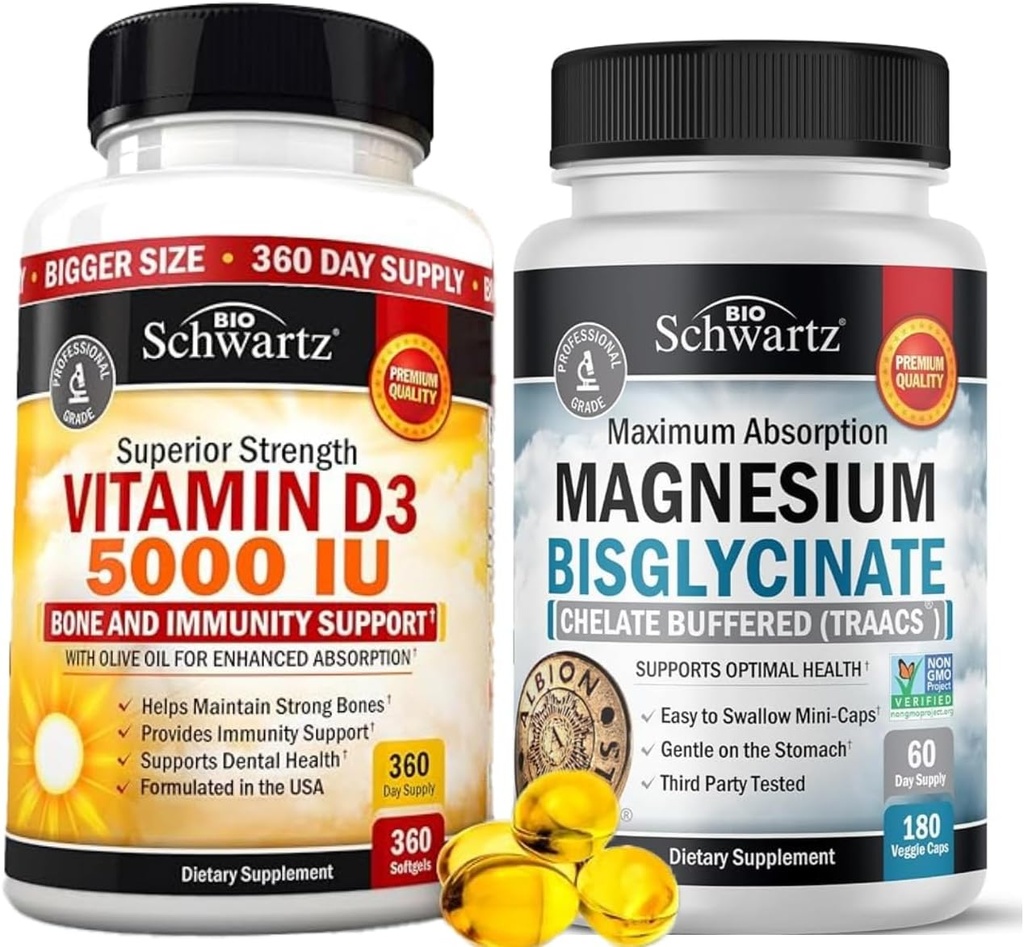 Hoge sterkte Vitamine D3 5000 IE 125 mcg (1 jaar supply) Plus Hoge Absorptie Magnesium Biglycinaat Capsules (2 maanden supply)