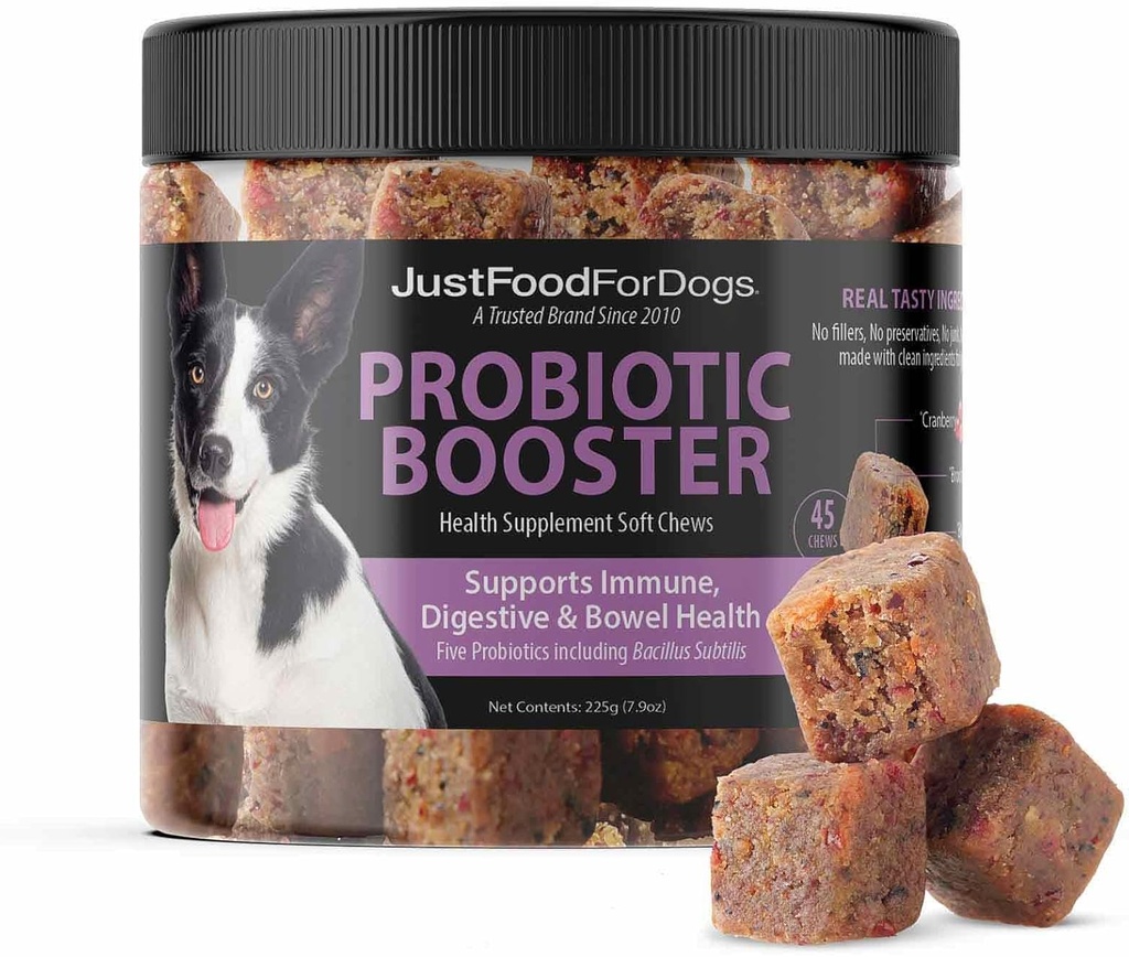 JustFoodForDogs Probiotic Booster Gut Health Zachte Kauwen Supplement voor honden, Digestieve gezondheid Ondersteuning, diarree, Human Grade Ingrediënten - 45 Tellen