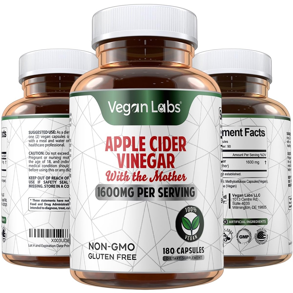 Vegan Labs Capsules de vinaigre de cidre de pomme avec la mère- 180 Capsules de végétalien, 1600MG par portion- pilules de vinaigre de cidre de pomme 100% naturel- soutient la digestion saine, le kéto, la gestion du poids, la désintoxication et le système immunitaire