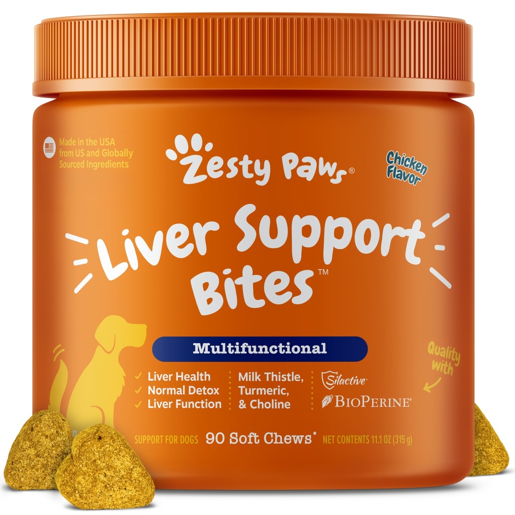 Zesty Paws Lever Ondersteuning Supplement voor honden - met melk distel Extract, Kurkuma Curcumin, Choline - zachte kauw formule - voor honden leverfunctie