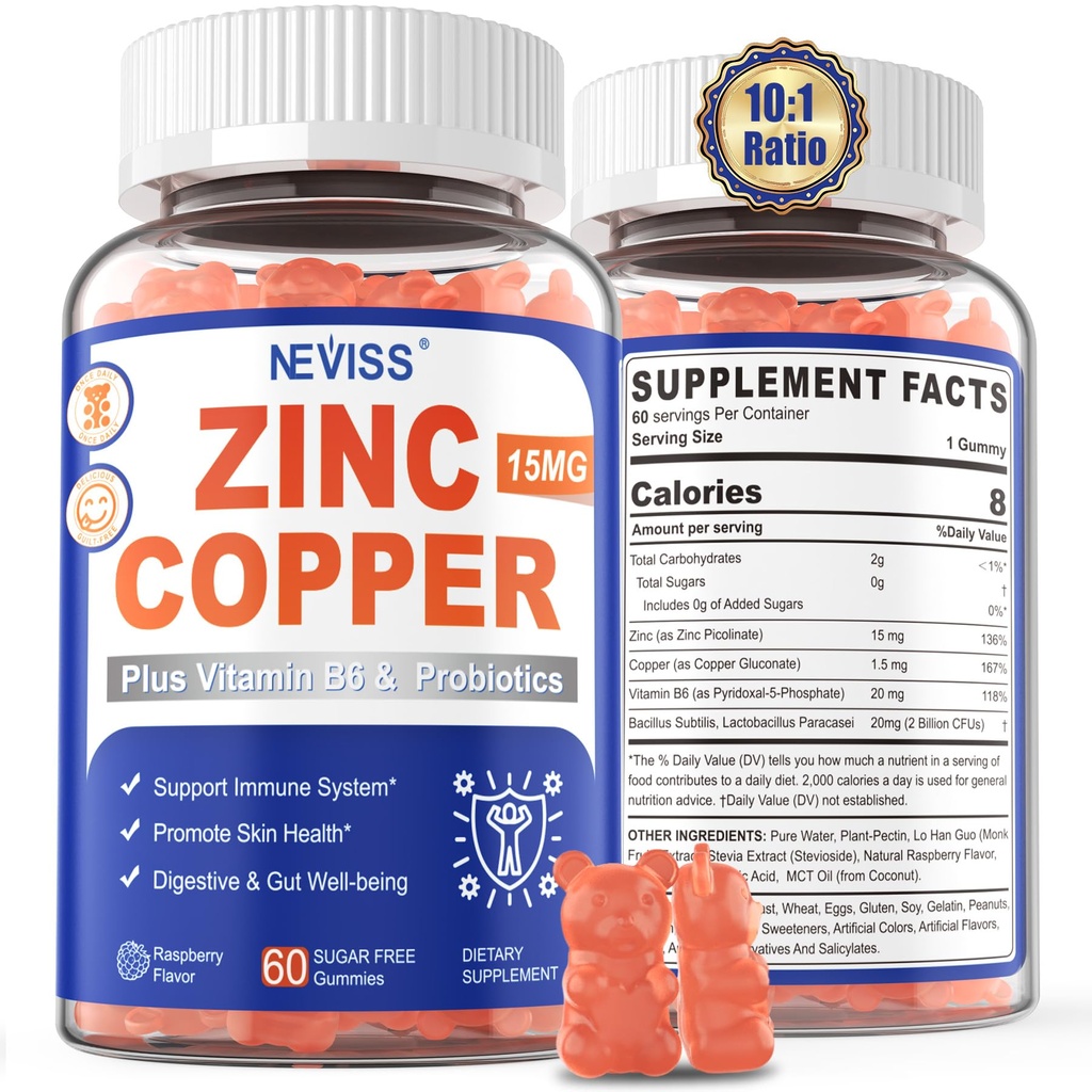 Zink Gummies met koper + Probiotica, Vitamine B6 voor Max Absorptie, Zink Supplementen voor mannen en vrouwen, Twee essentiële minerale balans Formule voor Immuniteit en Gut Health, Vegan, Non-GMO, 120 Ct