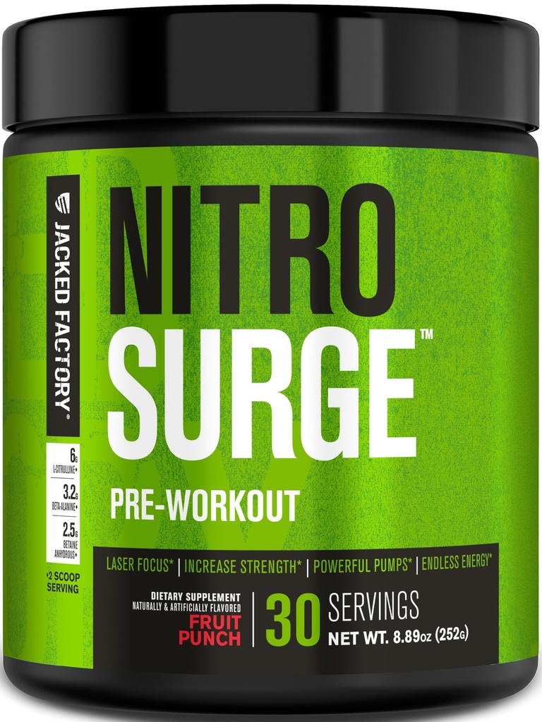 Supplément de pré-entraînement Jacked Factory NITROSURGE - Endless Energy, Instant Strength Gains, Clear Focus & Pompes Intenses - NO Booster et puissant pré-entraînement Poudre d'énergie - 30 portions, punch fruit