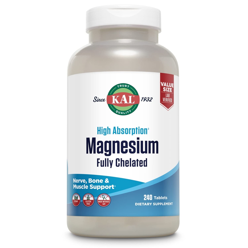 KAL Magnesium Glycinate tabletten, volledig gecheleerd, hoge absorptieformule met magnesiumbisglycinaatchelaat voor nerve, spier- en botgezondheidsondersteuning, veganistisch, glutenvrij, Value Size, 240 tabletten