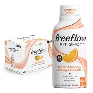 Freeflow Fit Energy Shots, Orange Slice, Natural Cafeine Boost met L-theanine, Ginseng, Vitaminen, Prebiotica, Elektrolyten (6 Count, 2oz Shots)
