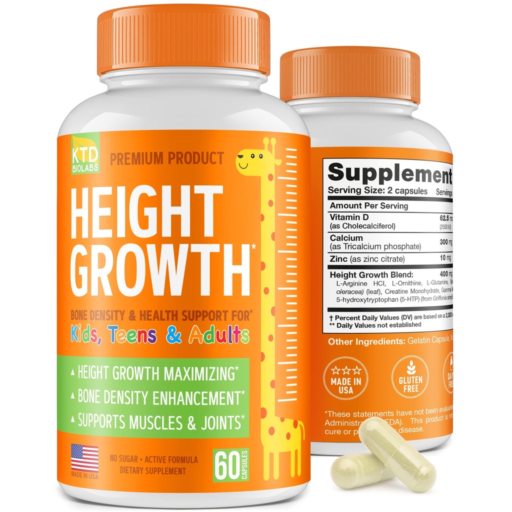 Capsules de soutien à la croissance de la taille des enfants – Formule quotidienne de développement avec calcium, vitamine D3 et zinc – Bone et soutien nutritionnel pour les enfants et les adolescents – Amino Blend – 60 capsules