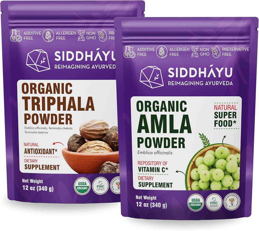 Poudre de triphala biologique Siddhayu - 12 oz et poudre de supplément à base de plantes amla biologique - 12 oz