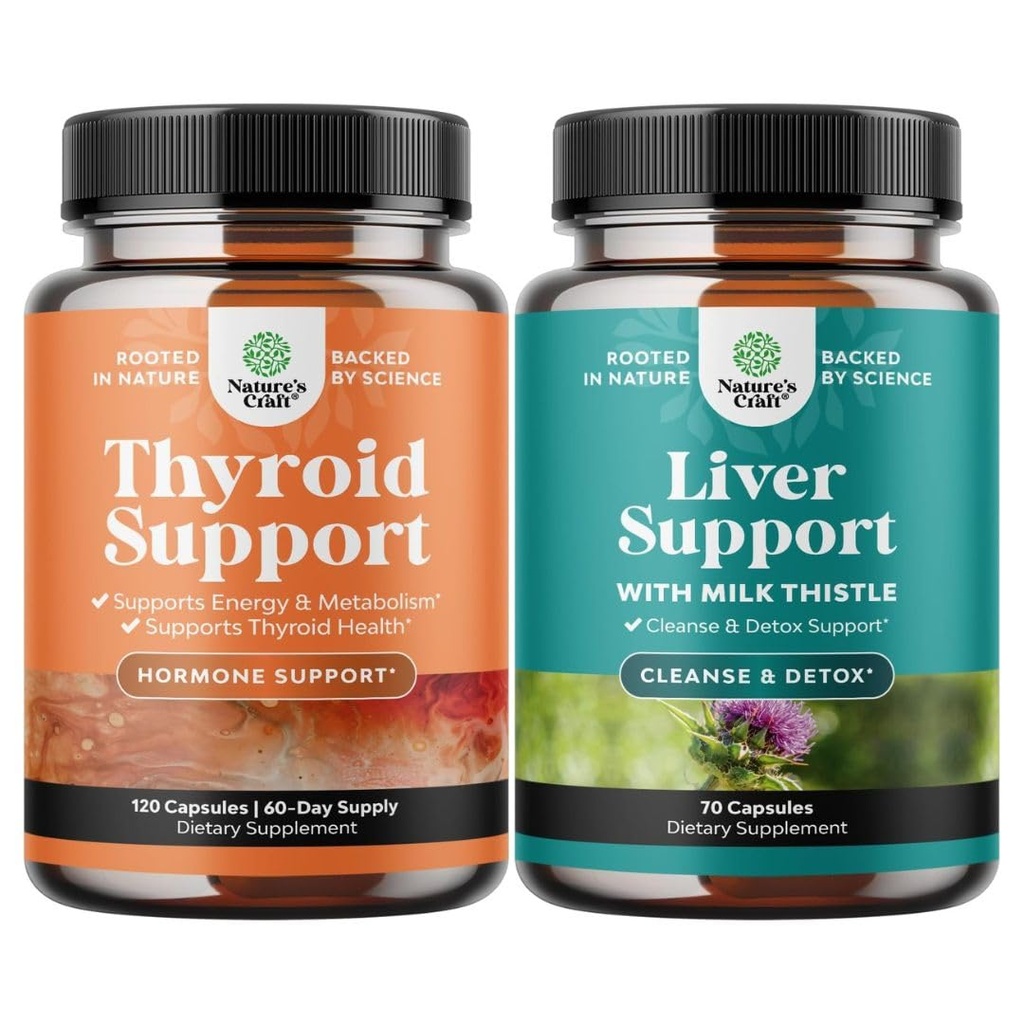 Bundle of Herbal Thyroid Support Complex with L Tyrosine Bladderwrack Selenium Pure Ashwagandha and Liver Cleanse Detox & Repair - Milk Thistle with Dandelion Root Choline Beetwortel & Artichoke Extract