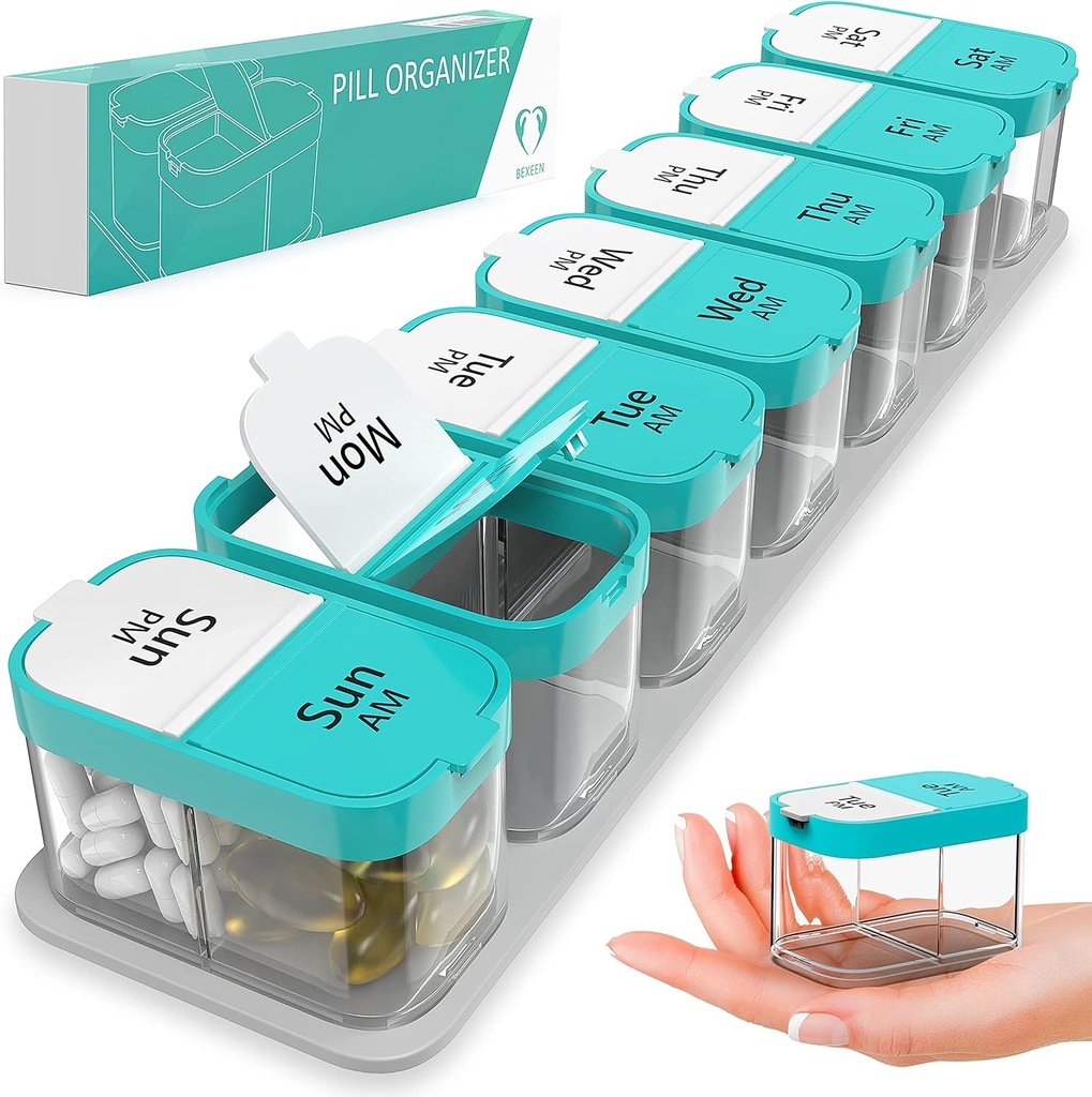 Extra grote Wekelijkse pil Organisator - XL Vitamine houder met 7 Afneembare AM PM Compartments - Portable Medicine Dispenser voor thuis en reizen, Big Supplement Container voor wekelijks of dagelijks gebruik, Mint