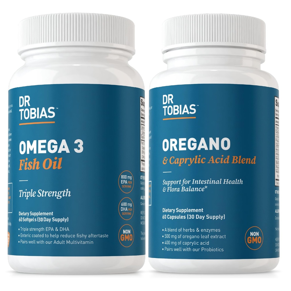Dr. Tobias Omega 3 Visolie en Oregano & Caprylzuur Supplementen, Ondersteunt Hart, Hersenen, Immune met Gut Flora Balance Complex & Intestinal Health voor vrouwen en mannen