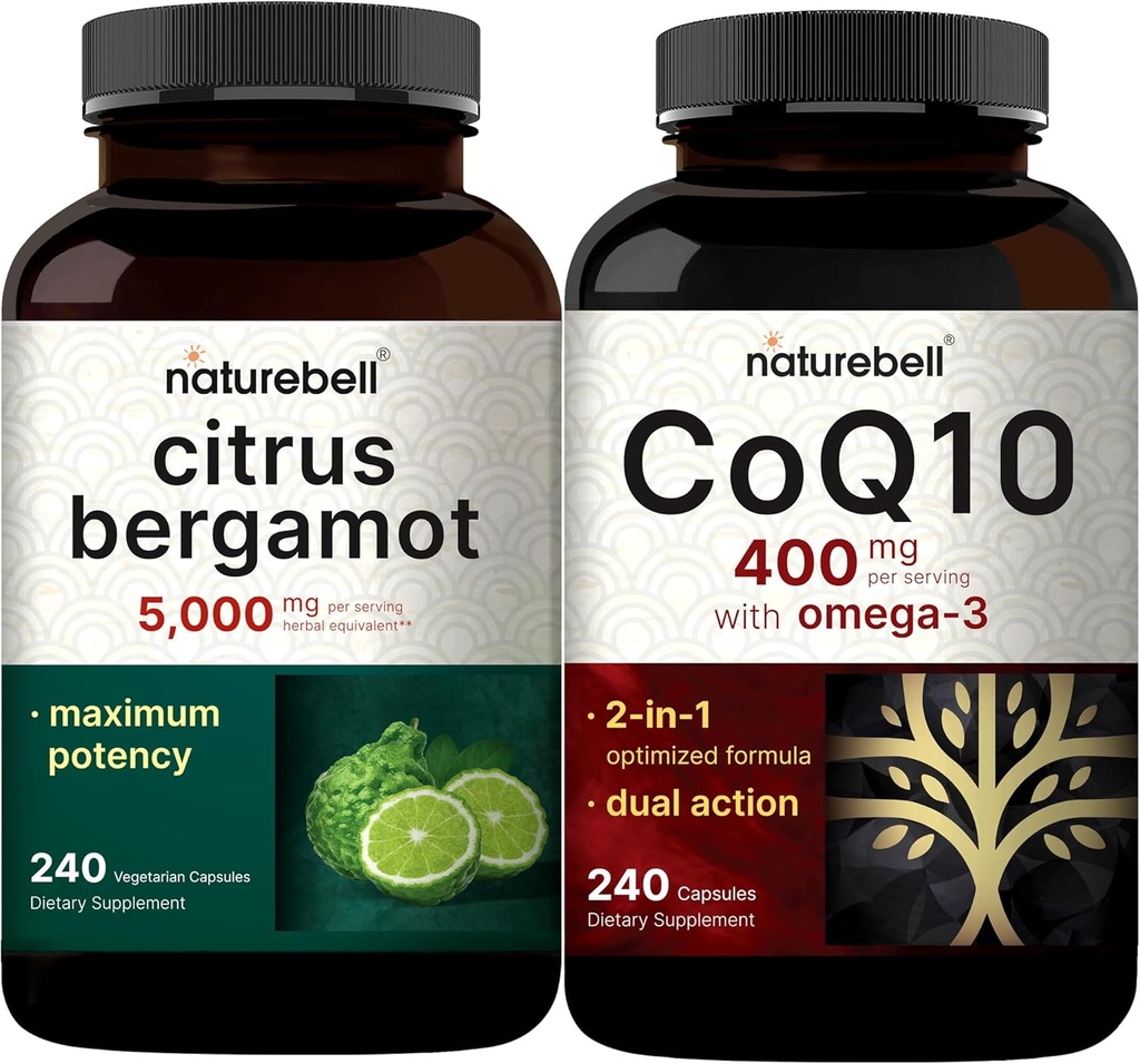 NatureBell CoQ10 400mg Capsules met Omega 3 Vetzuren & Citrus Bergamot Veggie Capsules 5.000 mg Equivalent Bundle Pack 