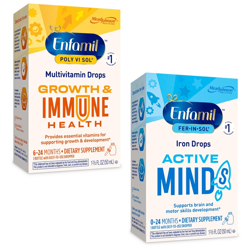 Enfamil Poly-Vi-Sol en Fer-in-Sol Iron Liquid Drop Multivitamine Supplementen voor zuigelingen en peuters, 2x50 ml Dropper Bottle
