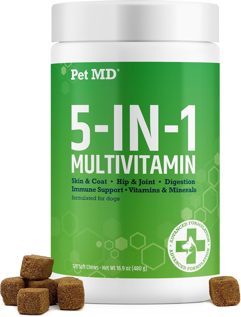 Pet MD 5in1 Honden Multivitamine - 30 Essentiële Vitaminen, Mineralen en Nutriënten voor de huid & Coat, Hip & Joint, Digestie, Immune & Senior Honden Vitaminen - Glucosamine, Omega 3 6 9, & Probiotica - 120 ct