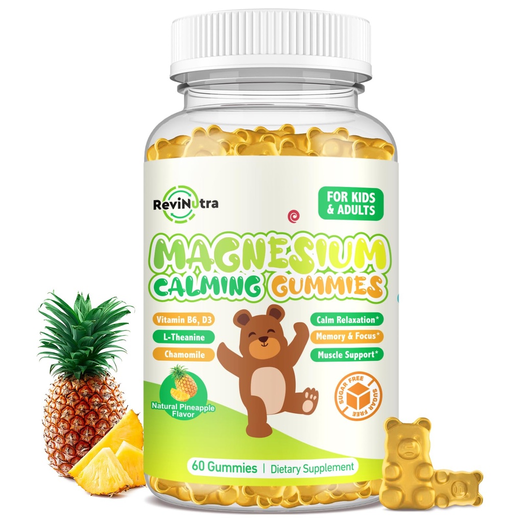 Magnesium Gummies voor kinderen - Magnesium Glycinate Gummies Supplement met L-Theanine, Vitamine B6, D3 voor volwassenen & kinderen, Kalmeer Magnesium voor slaap, ontspannen, hersenen, botten, sugar gratis Ananas 60ct