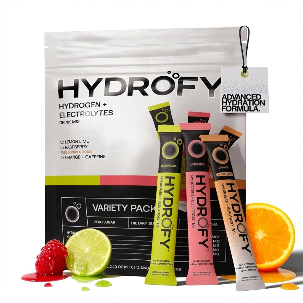 Hydrofy Hydrogen Water + Electrolytes Drink Mix - Variety Pack | H2 Hydration Packets with Molecular Hydrogen, Sodium, Potassium, Magnesium | Lemon Lime, Raspberry, Orange + Caffeine | 12 Count