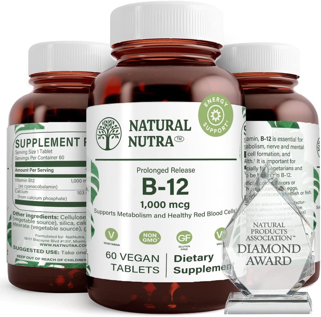Natuurlijke Nutra Vitamine B12 1000 mcg, Cobalamine B 12 Supplement, Calcium Fosfaat, Hulp bij Metabolisme Gezondheid, Ondersteunt Zenuwstelsel, Optimale Absorptie, Glutenvrij, Suikervrij, 60 Vegan tabletten