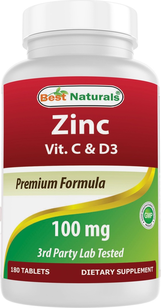 Best Naturals Zink 100 mg met vitamine C & D3 180 tabletten Glutenvrij en niet-GMO