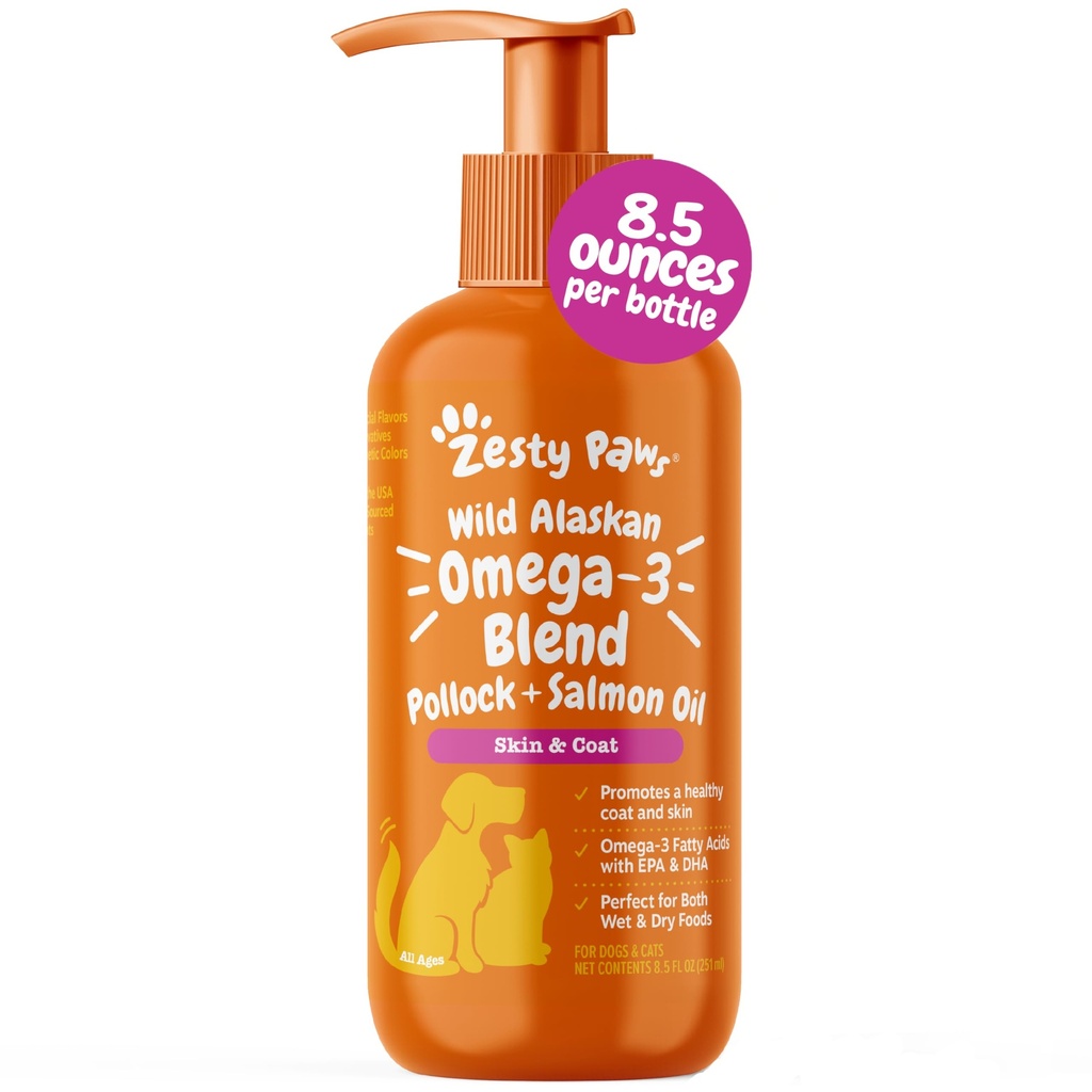 Zesty Paws Wild Alaska Omega-3 Blend Pollock + Zalmolie voor honden en katten- huid en jas ondersteuning, Omega 3 Supplement voor Huisdieren, 8.5oz