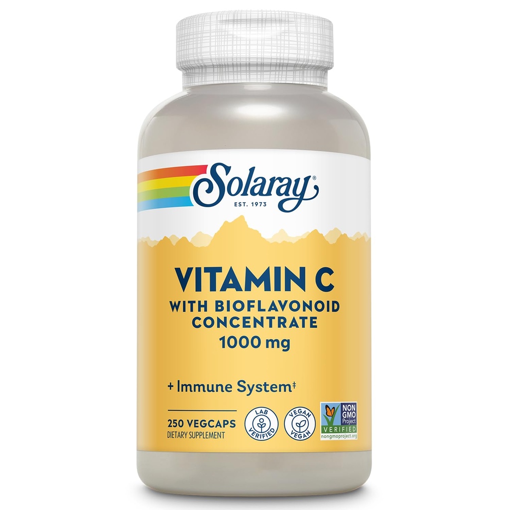 SOLARAY Vitamine C 1000mg avec Bioflavonoïdes Concentrate - Capsules de vitamine C avec HIPS de Rose et Acerola Cherry - Antioxydant, complément de soutien cardiaque et immunitaire, végétalien, non-OGM, 250 portions