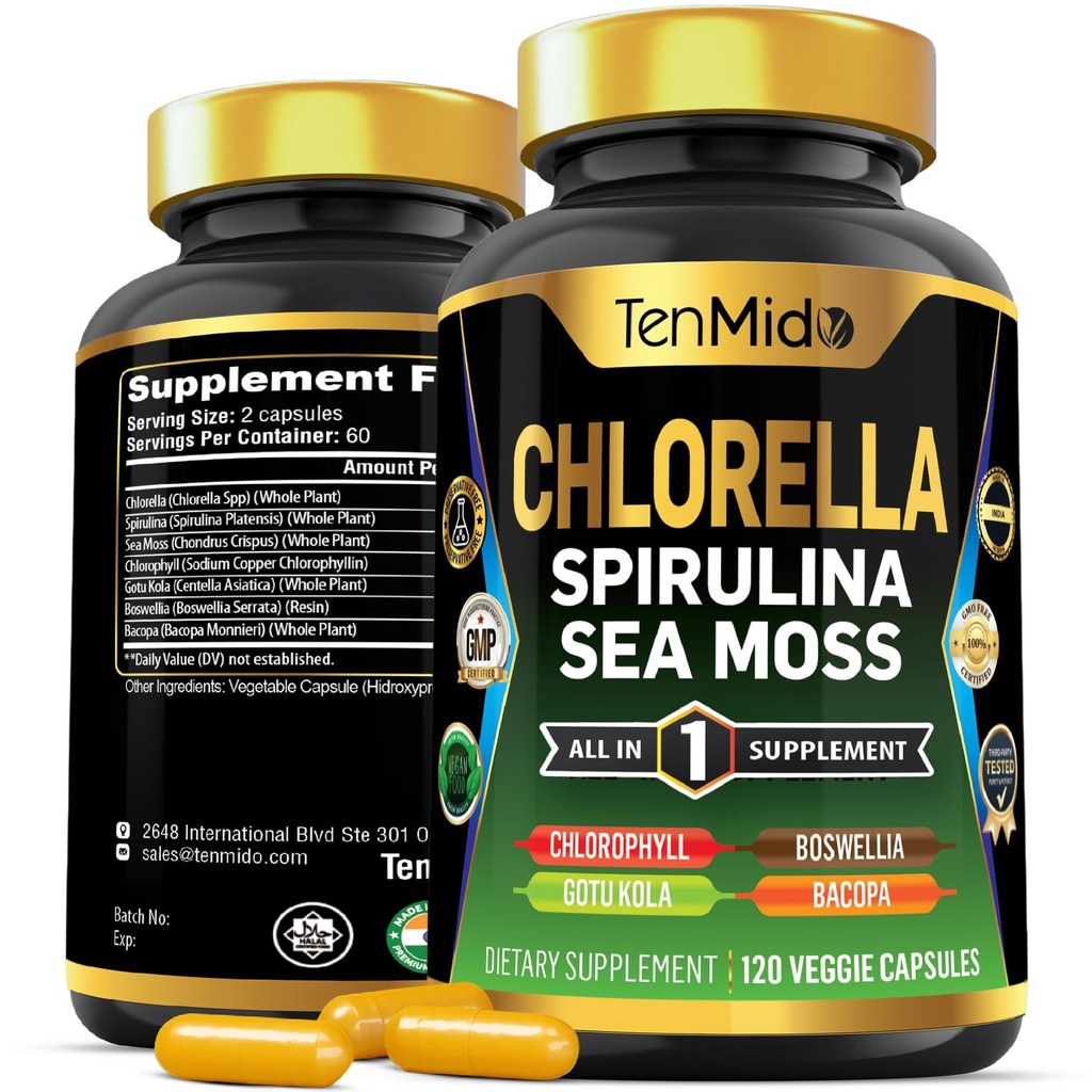 Chlorella Supplement voor mannen en vrouwen - 7in1 Formule met Spirulina, Sea Moss, Chlorofyl, Gotu Kola, Boswellia & Bacopa - Immune Support - Rijk in Nutriënt, Vitaminen - 120 Capsules