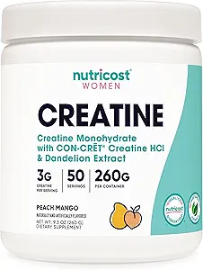 Nutricost Creatine Monohydraat Poeder voor Vrouwen, Gemicroniseerd, Perzik Mango Smaak, 50 Servers - Vegetarisch, Niet-GGO, Glutenvrij