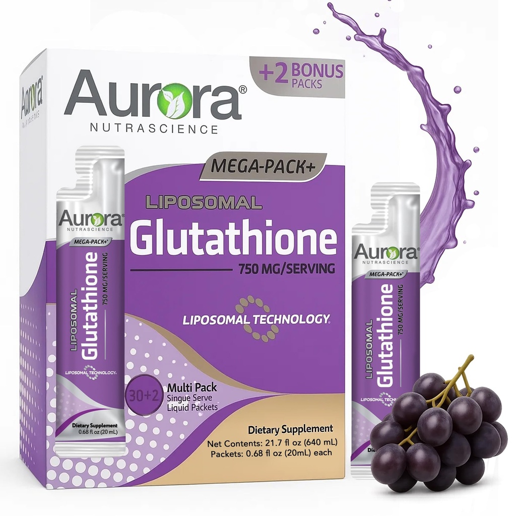 Aurora Nutrascience Mega-Liposomal Liquid Glutathion, Immune & Antioxidant Gut Health Support Supplement, 750 mg per Serving, Non-GMO, Sugar-Free, 32 Single Serve Packets